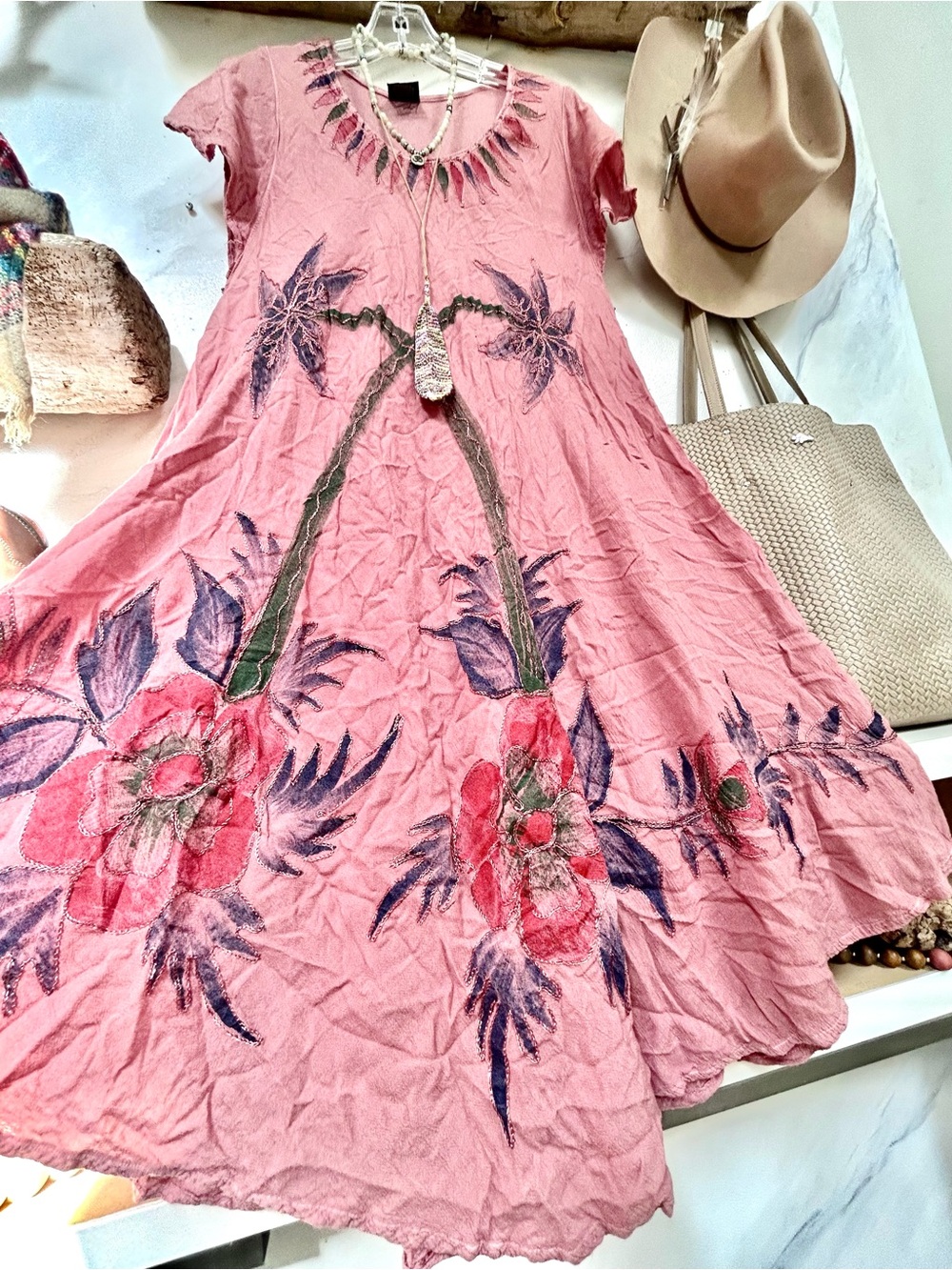 Boho Pink Floral Maxi Dress/beach cover up w resort vacay beach vibe